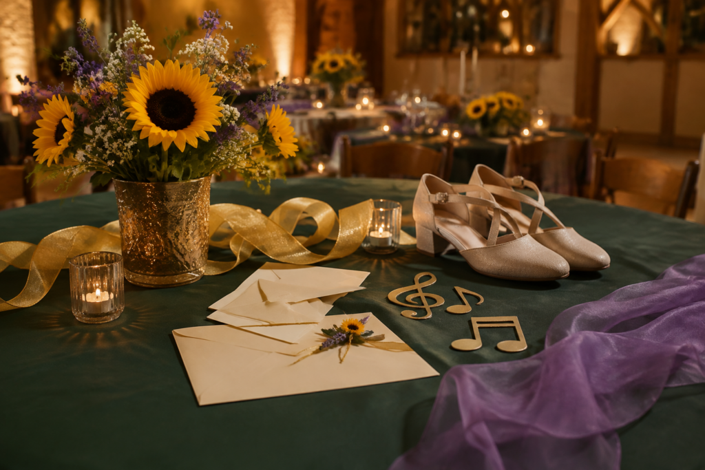 Festlich gedeckter Gala-Abend mit Sonnenblumen, Tanzschuhen und Musik